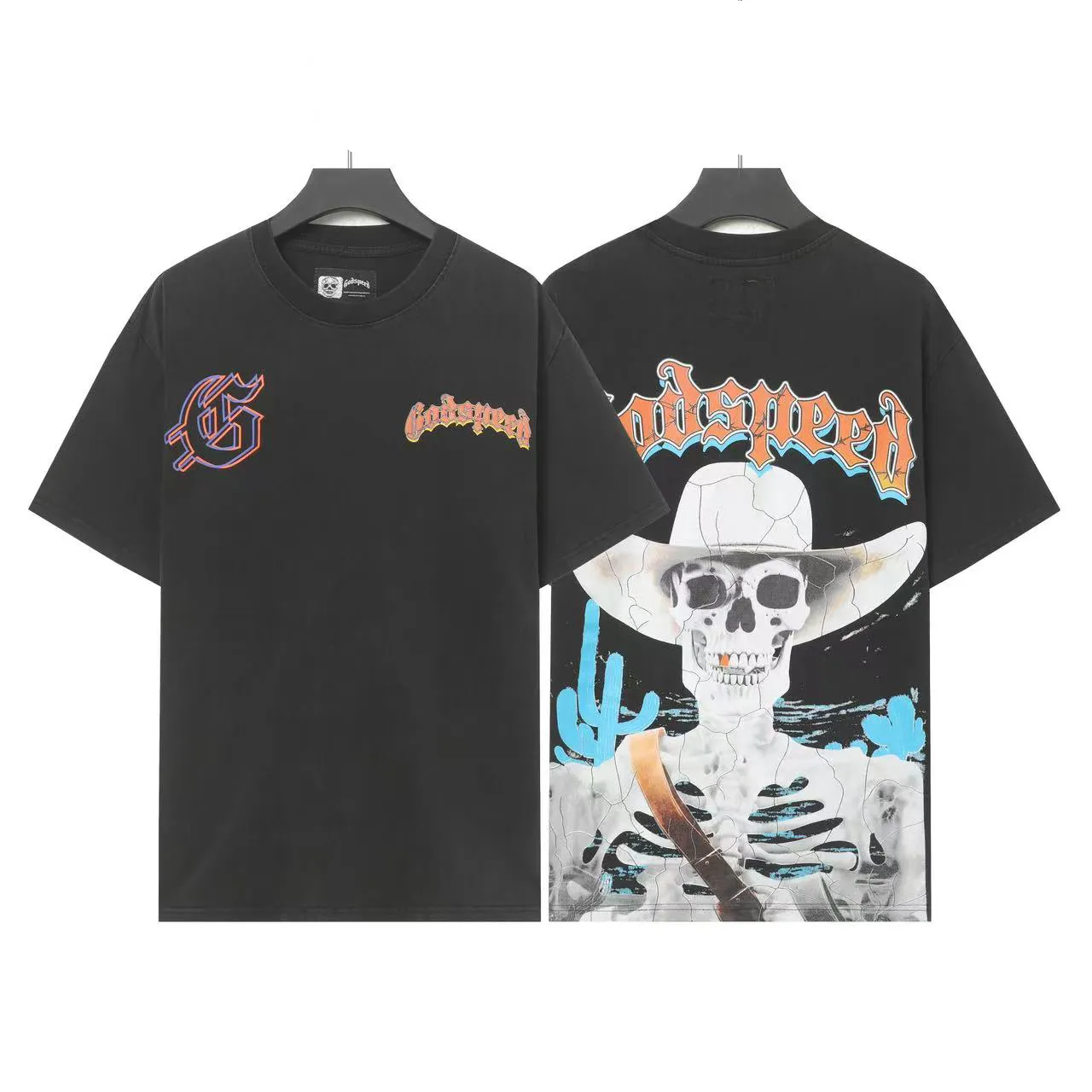 6008#washed black｜P116 Godspeed cross-border American rock and roll street washed retro style short-sleeved T (craft printing) fabric (fabric): 32 count combed double yarn 250g weight size (size): S-M-L-XL color (colour): washed black 👉