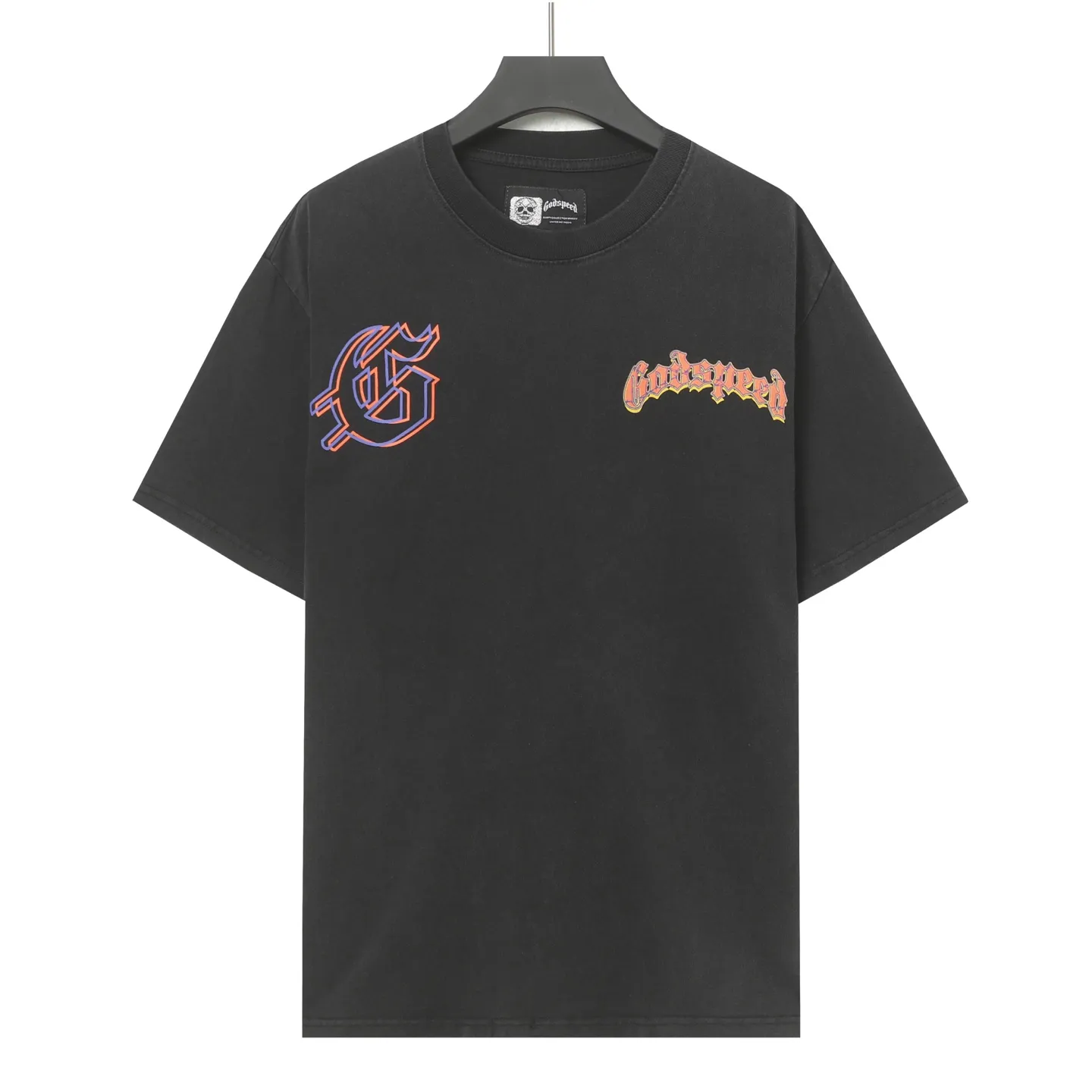 6008#washed black｜P116 Godspeed cross-border American rock and roll street washed retro style short-sleeved T (craft printing) fabric (fabric): 32 count combed double yarn 250g weight size (size): S-M-L-XL color (colour): washed black 👉