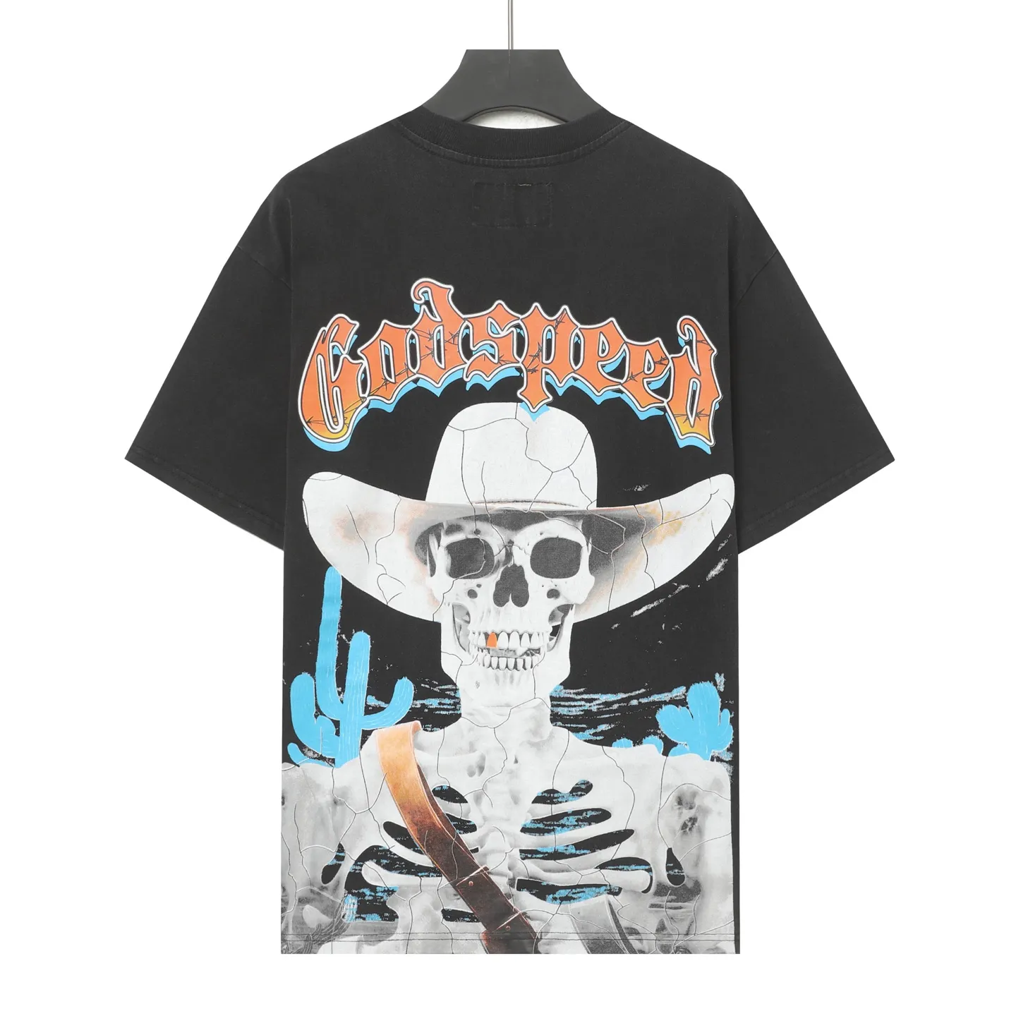 6008#washed black｜P116 Godspeed cross-border American rock and roll street washed retro style short-sleeved T (craft printing) fabric (fabric): 32 count combed double yarn 250g weight size (size): S-M-L-XL color (colour): washed black 👉