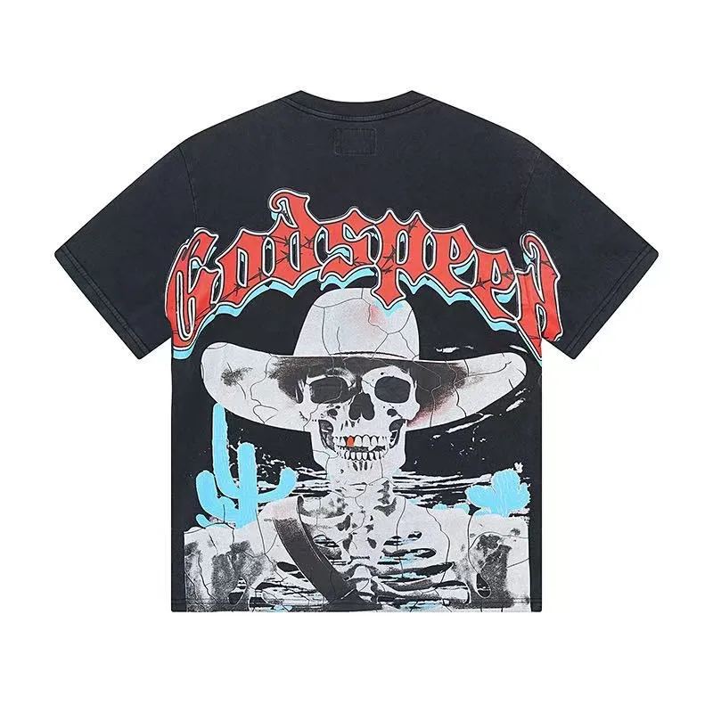 6008#washed black｜P116 Godspeed cross-border American rock and roll street washed retro style short-sleeved T (craft printing) fabric (fabric): 32 count combed double yarn 250g weight size (size): S-M-L-XL color (colour): washed black 👉