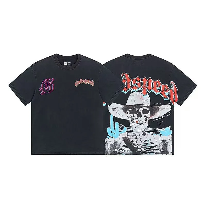 6008#washed black｜P116 Godspeed cross-border American rock and roll street washed retro style short-sleeved T (craft printing) fabric (fabric): 32 count combed double yarn 250g weight size (size): S-M-L-XL color (colour): washed black 👉