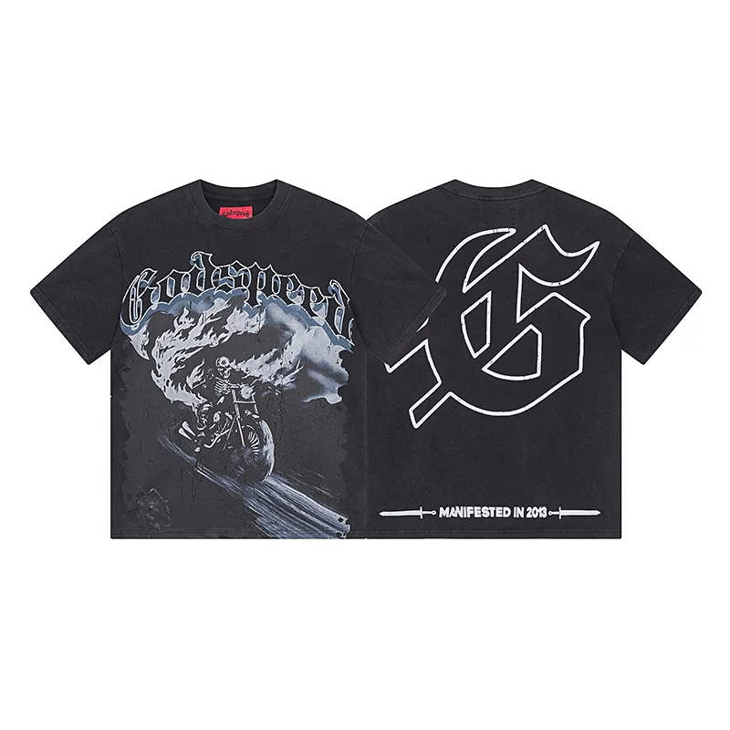 1065# P126 Washed Black Real Shot Godspeed American Fashion Rock Street Retro Washed Distressed Printed Cotton Short Sleeves Fabric: 250g 32 Count Fine Cotton Double Yarn Pure Cotton Color: Washed Black Size: S M L XL