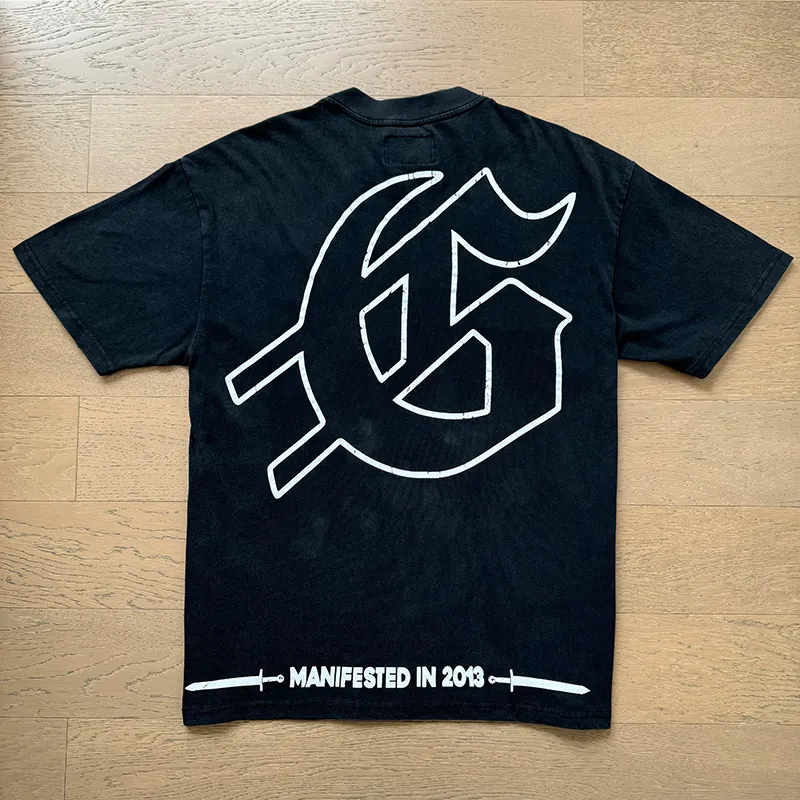 1065# P126 Washed Black Real Shot Godspeed American Fashion Rock Street Retro Washed Distressed Printed Cotton Short Sleeves Fabric: 250g 32 Count Fine Cotton Double Yarn Pure Cotton Color: Washed Black Size: S M L XL