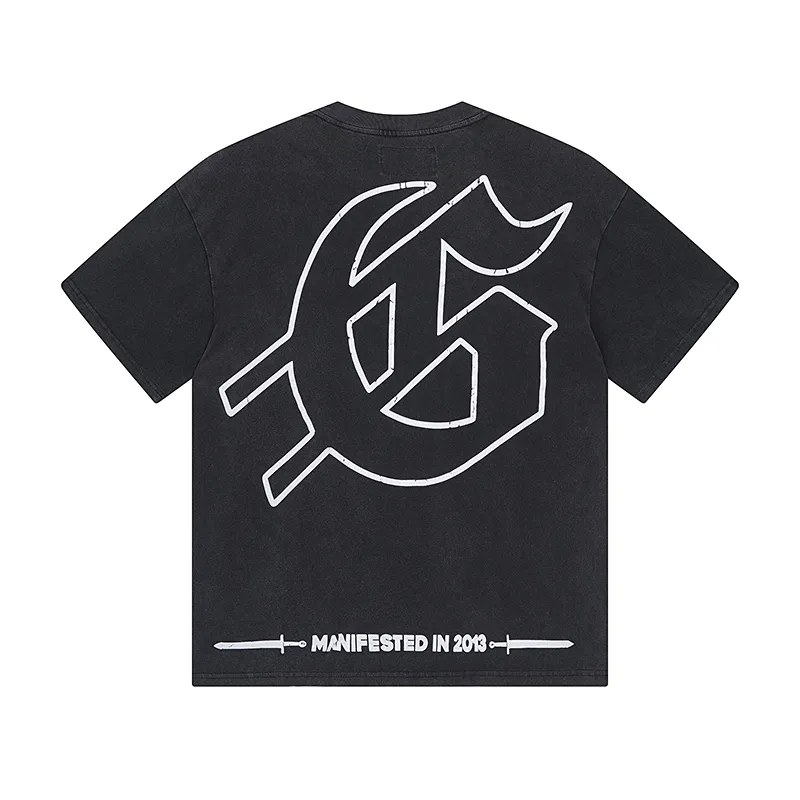 1065# P126 Washed Black Real Shot Godspeed American Fashion Rock Street Retro Washed Distressed Printed Cotton Short Sleeves Fabric: 250g 32 Count Fine Cotton Double Yarn Pure Cotton Color: Washed Black Size: S M L XL