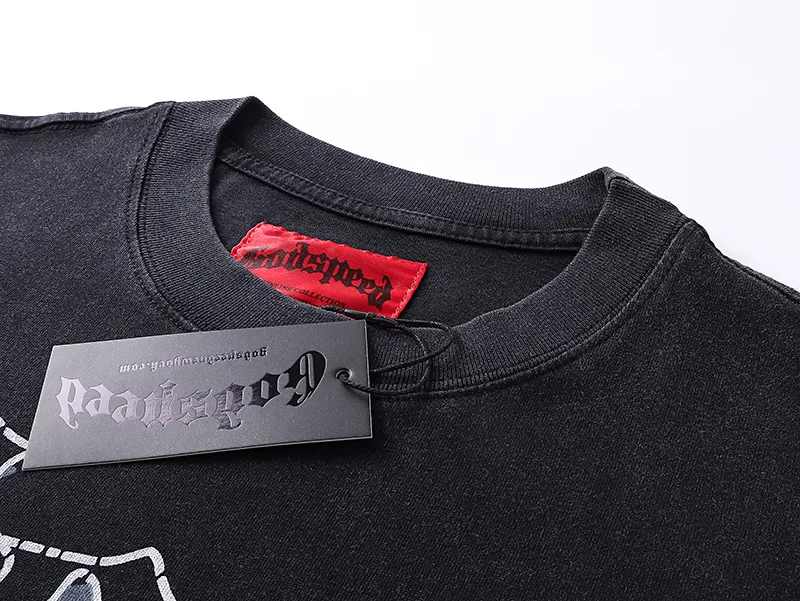 1065# P126 Washed Black Real Shot Godspeed American Fashion Rock Street Retro Washed Distressed Printed Cotton Short Sleeves Fabric: 250g 32 Count Fine Cotton Double Yarn Pure Cotton Color: Washed Black Size: S M L XL