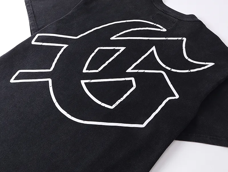 1065# P126 Washed Black Real Shot Godspeed American Fashion Rock Street Retro Washed Distressed Printed Cotton Short Sleeves Fabric: 250g 32 Count Fine Cotton Double Yarn Pure Cotton Color: Washed Black Size: S M L XL