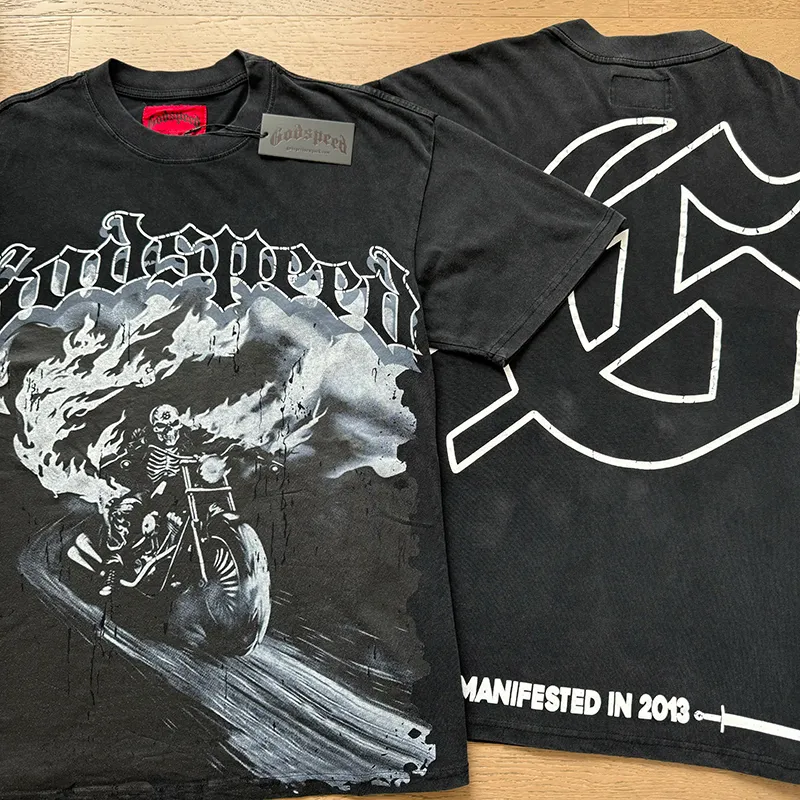 1065# P126 Washed Black Real Shot Godspeed American Fashion Rock Street Retro Washed Distressed Printed Cotton Short Sleeves Fabric: 250g 32 Count Fine Cotton Double Yarn Pure Cotton Color: Washed Black Size: S M L XL