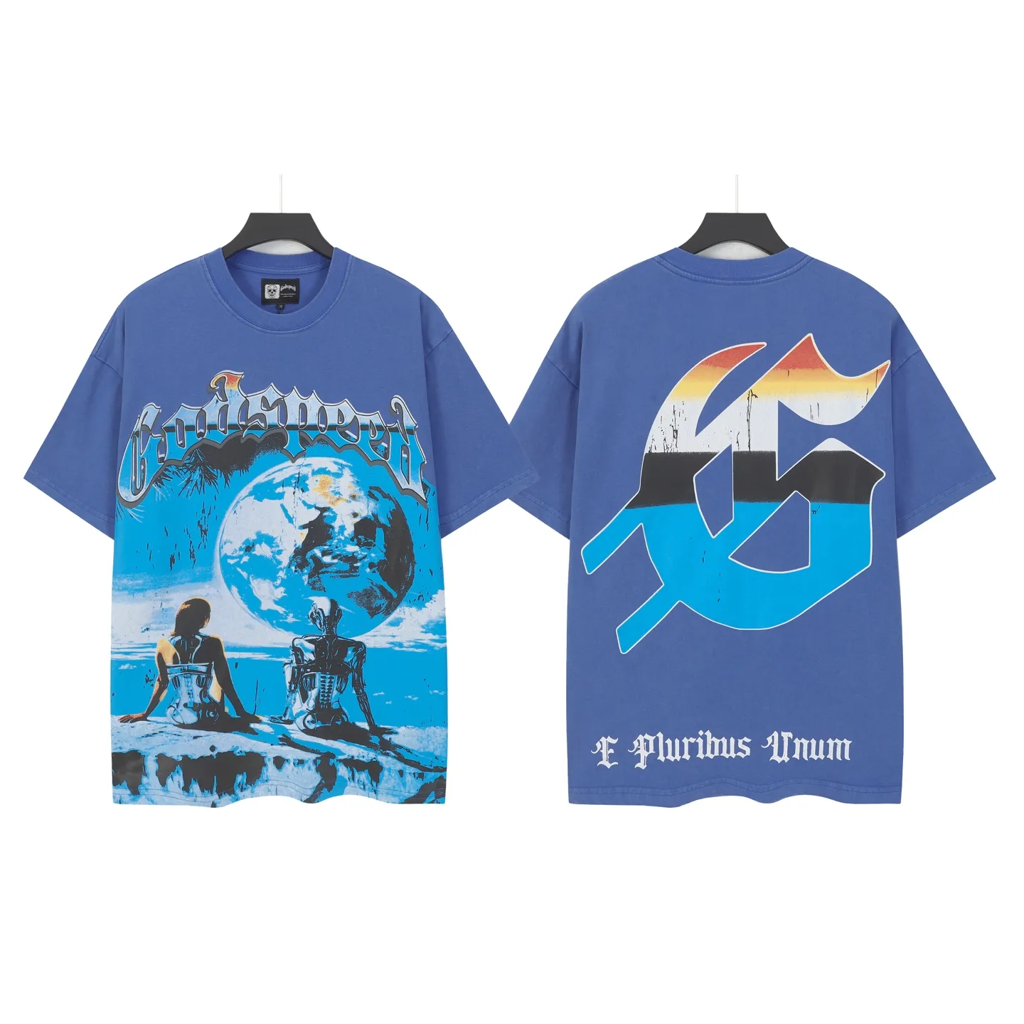 6015# Washed Klein Blue | P116 Godspeed cross-border American rock and roll street washed retro style short-sleeved T (craft print) Fabric (fabric): 32-count combed double yarn 250 grams weight Size (size): S-M-L-XL Color (colour): Washed Klein Blue