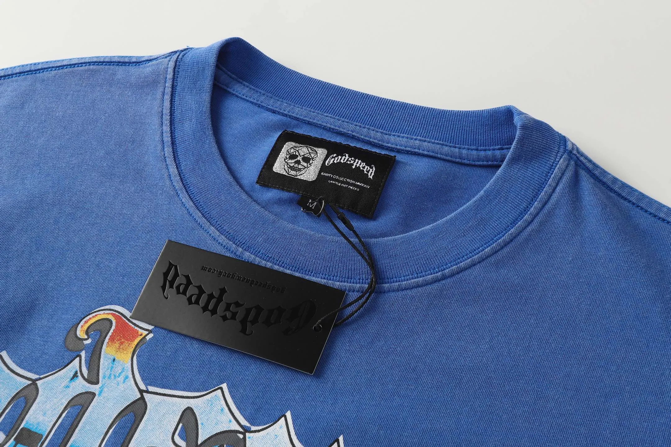 6015# Washed Klein Blue | P116 Godspeed cross-border American rock and roll street washed retro style short-sleeved T (craft print) Fabric (fabric): 32-count combed double yarn 250 grams weight Size (size): S-M-L-XL Color (colour): Washed Klein Blue