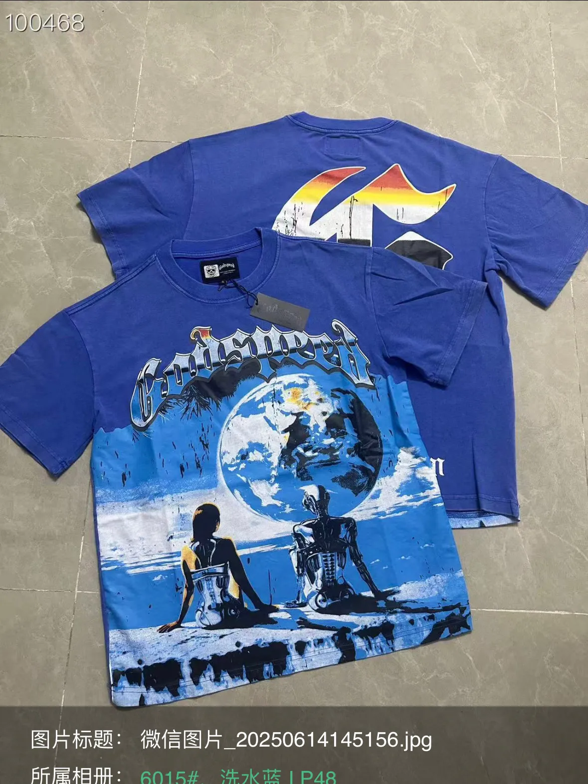 6015# Washed Klein Blue | P116 Godspeed cross-border American rock and roll street washed retro style short-sleeved T (craft print) Fabric (fabric): 32-count combed double yarn 250 grams weight Size (size): S-M-L-XL Color (colour): Washed Klein Blue
