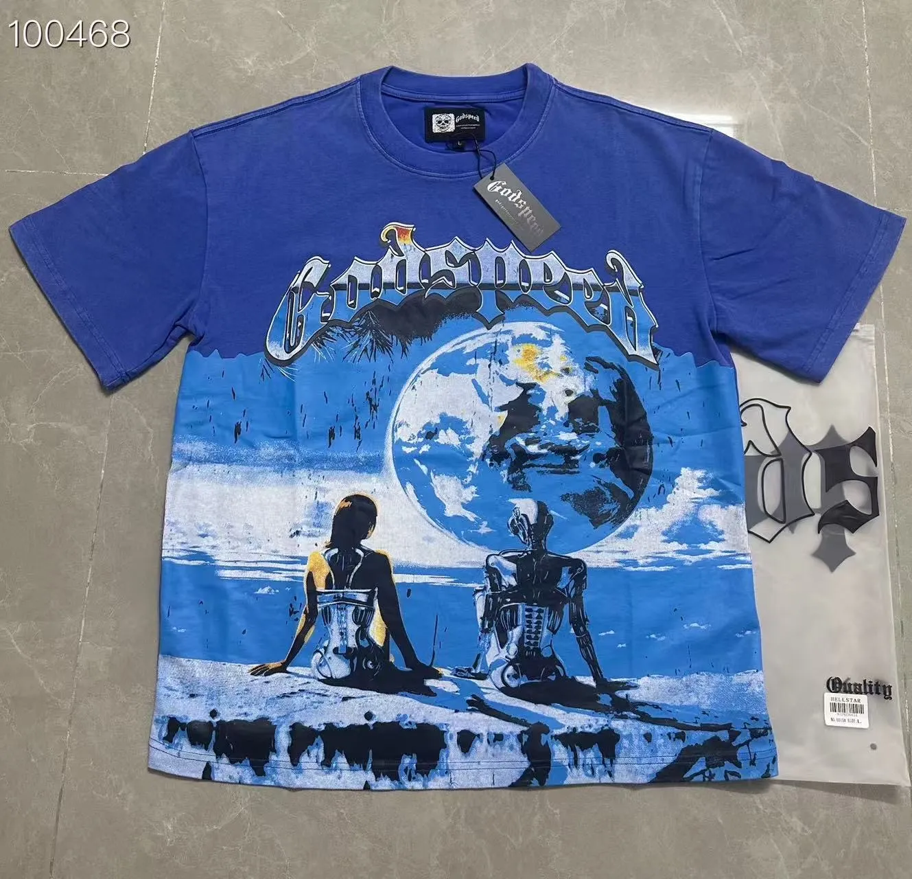 6015# Washed Klein Blue | P116 Godspeed cross-border American rock and roll street washed retro style short-sleeved T (craft print) Fabric (fabric): 32-count combed double yarn 250 grams weight Size (size): S-M-L-XL Color (colour): Washed Klein Blue