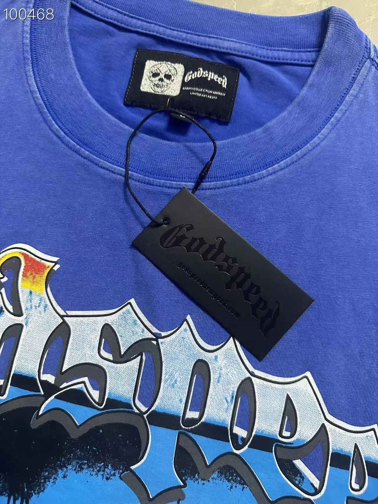 6015# Washed Klein Blue | P116 Godspeed cross-border American rock and roll street washed retro style short-sleeved T (craft print) Fabric (fabric): 32-count combed double yarn 250 grams weight Size (size): S-M-L-XL Color (colour): Washed Klein Blue