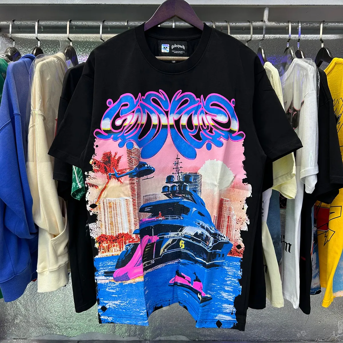 Actual photo, No. 7077, Mechao Godspeed luxury cruise ship helicopter print 230g double yarn pure cotton casual short-sleeved T-shirt batch 110 Color: black, apricot, purple; Size: S M L XL