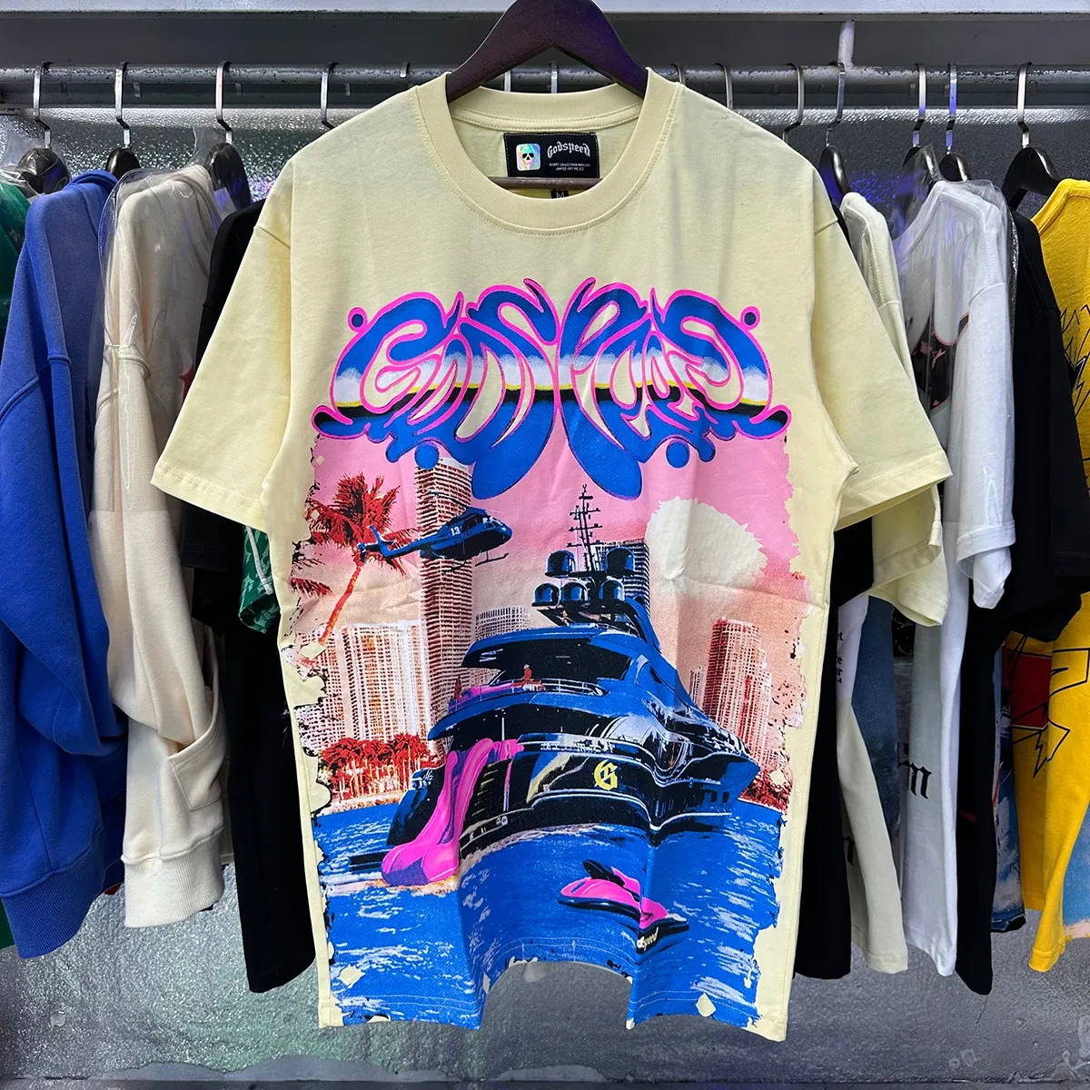 Actual photo, No. 7077, Mechao Godspeed luxury cruise ship helicopter print 230g double yarn pure cotton casual short-sleeved T-shirt batch 110 Color: black, apricot, purple; Size: S M L XL