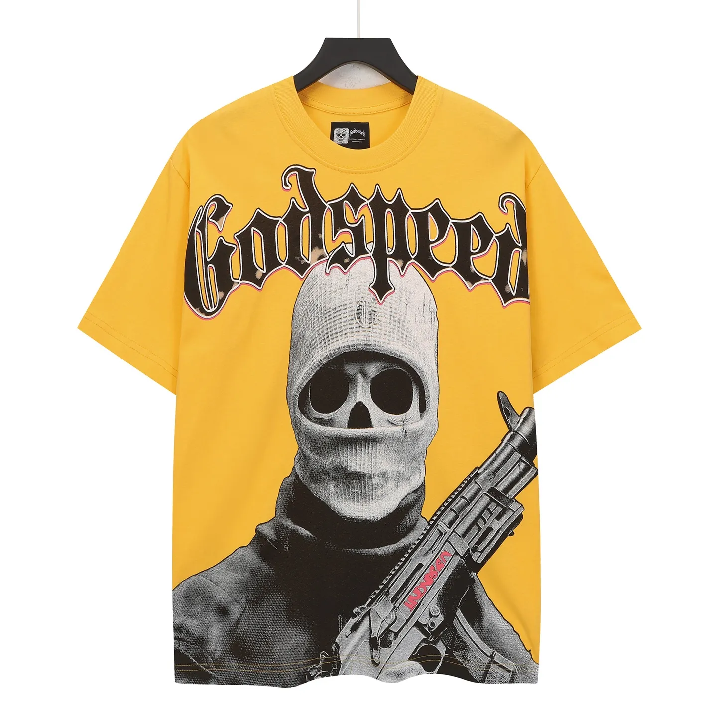 5129# golden yellow I P106 real stock (exclusive new style) Godspeed cross-border American rock and roll street washed retro style short-sleeved T (craft printing) fabric (fabric): 32 counts combed double yarn 240 grams weight code number (size): S-M-L-XL color (colour): golden yellow