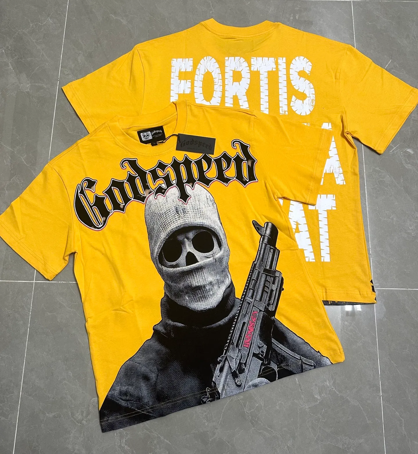 5129# golden yellow I P106 real stock (exclusive new style) Godspeed cross-border American rock and roll street washed retro style short-sleeved T (craft printing) fabric (fabric): 32 counts combed double yarn 240 grams weight code number (size): S-M-L-XL color (colour): golden yellow