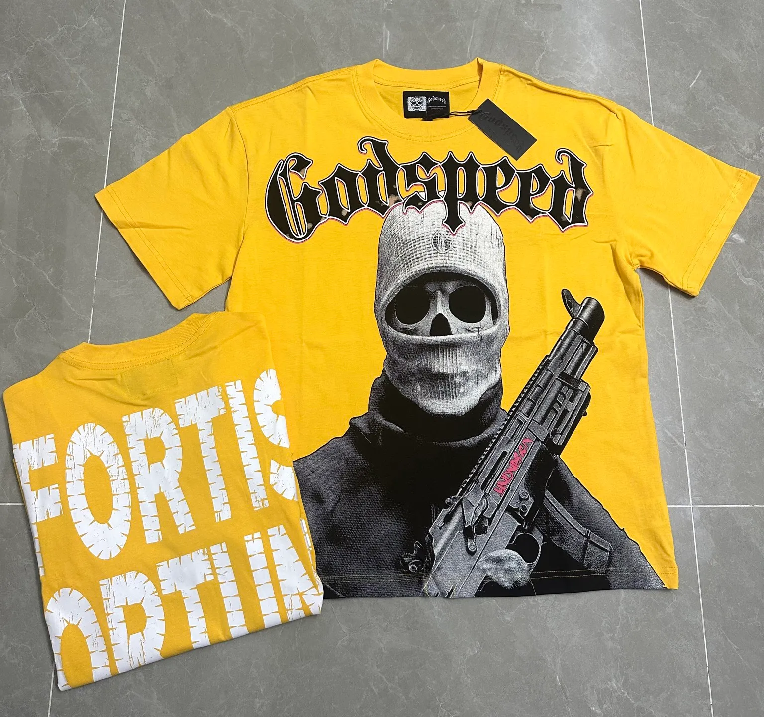 5129# golden yellow I P106 real stock (exclusive new style) Godspeed cross-border American rock and roll street washed retro style short-sleeved T (craft printing) fabric (fabric): 32 counts combed double yarn 240 grams weight code number (size): S-M-L-XL color (colour): golden yellow