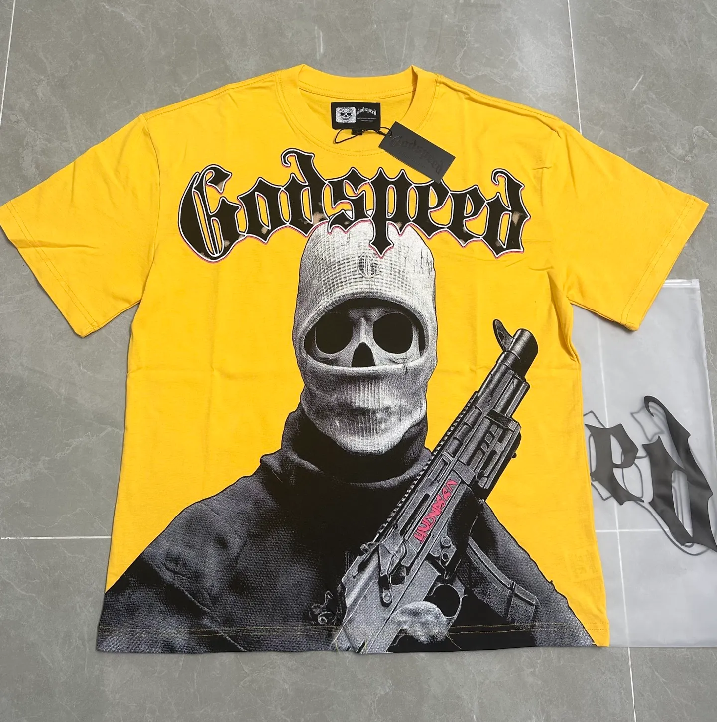 5129# golden yellow I P106 real stock (exclusive new style) Godspeed cross-border American rock and roll street washed retro style short-sleeved T (craft printing) fabric (fabric): 32 counts combed double yarn 240 grams weight code number (size): S-M-L-XL color (colour): golden yellow