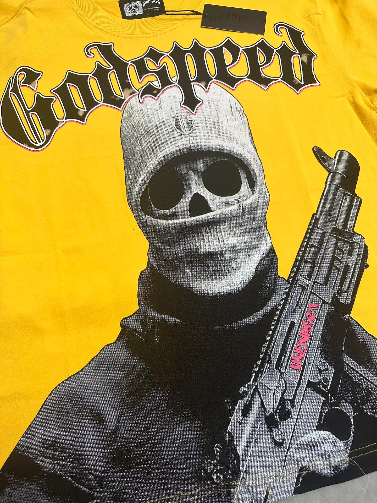 5129# golden yellow I P106 real stock (exclusive new style) Godspeed cross-border American rock and roll street washed retro style short-sleeved T (craft printing) fabric (fabric): 32 counts combed double yarn 240 grams weight code number (size): S-M-L-XL color (colour): golden yellow