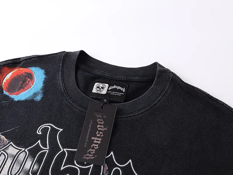 1063# P126 Washed black 1 Real shot of Godspeed American fashion rock street retro washed distressed printed cotton short sleeves Fabric: 250g 32 count fine cotton double yarn pure cotton Color: Washed black Size: S M L XL