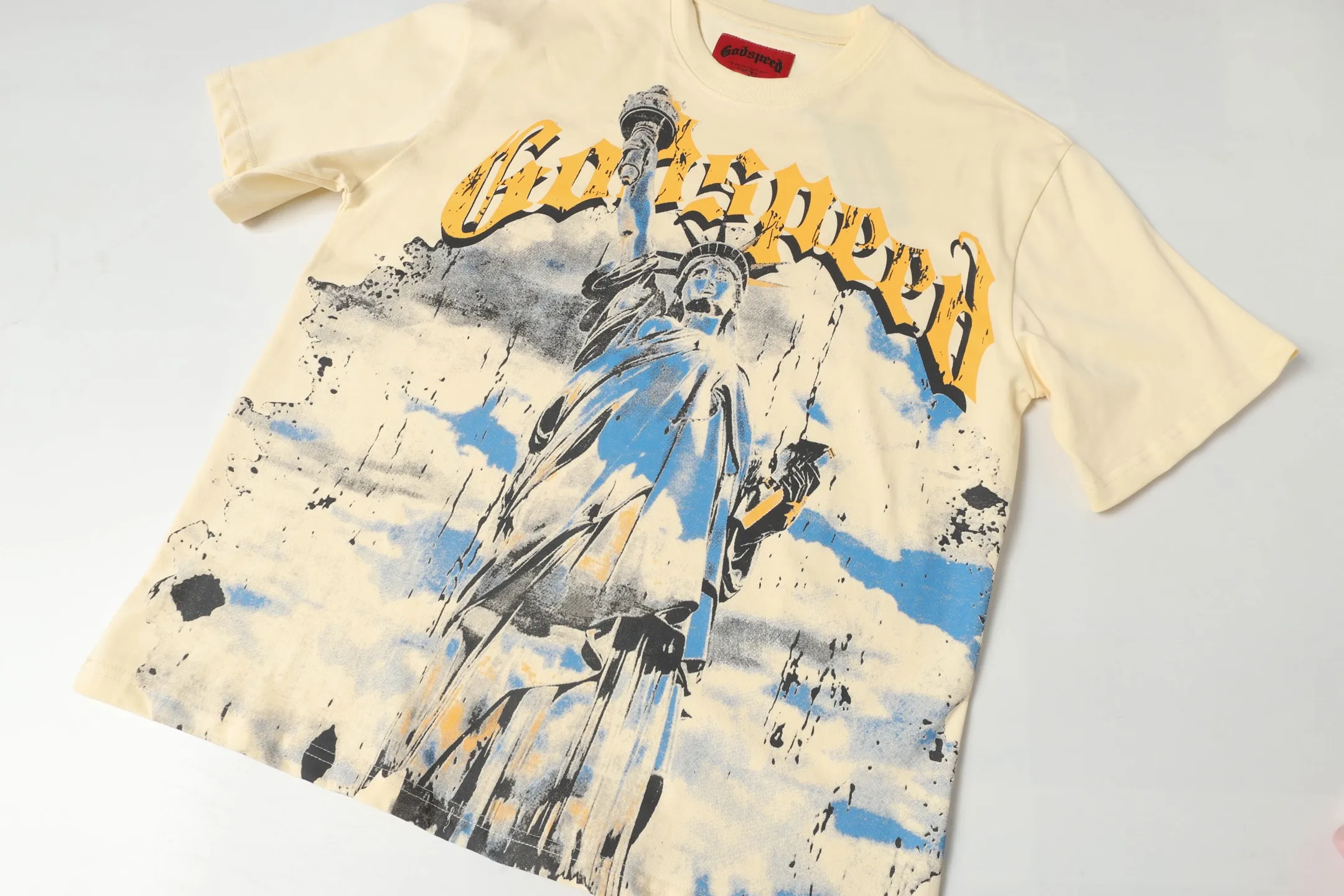 5010#apricot/white｜P104 Godspeed cross-border American rock and roll street washed retro style short-sleeved T (craft printing) fabric (fabric): 32-count combed double yarn 240 grams weight code number (size): S-M-L-XL color (colour): white, apricot,