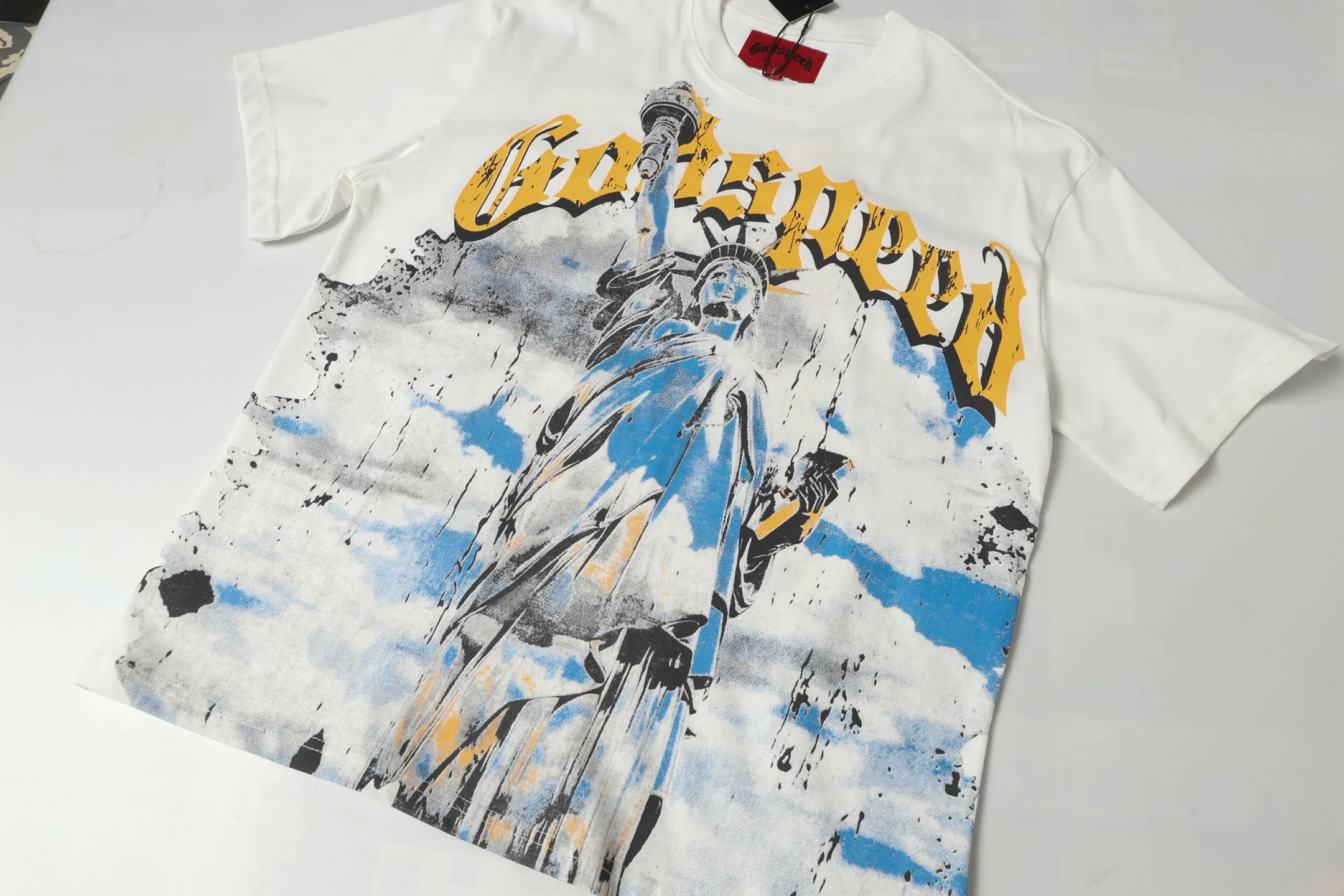 5010#apricot/white｜P104 Godspeed cross-border American rock and roll street washed retro style short-sleeved T (craft printing) fabric (fabric): 32-count combed double yarn 240 grams weight code number (size): S-M-L-XL color (colour): white, apricot,