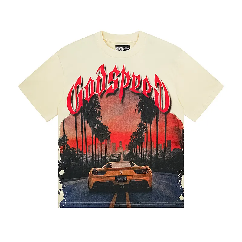 3129# P106 Real shot Godspeed American fashion rock street retro loose printed cotton short sleeves Fabric: 240g 32 count fine cotton double yarn pure cotton Color: apricot Size: S M L XL