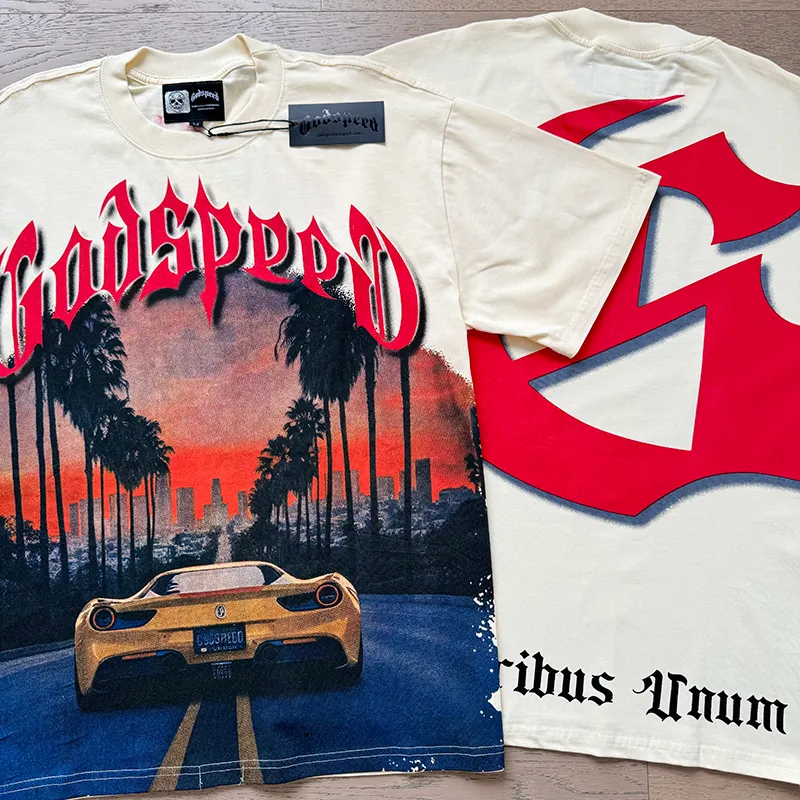 3129# P106 Real shot Godspeed American fashion rock street retro loose printed cotton short sleeves Fabric: 240g 32 count fine cotton double yarn pure cotton Color: apricot Size: S M L XL