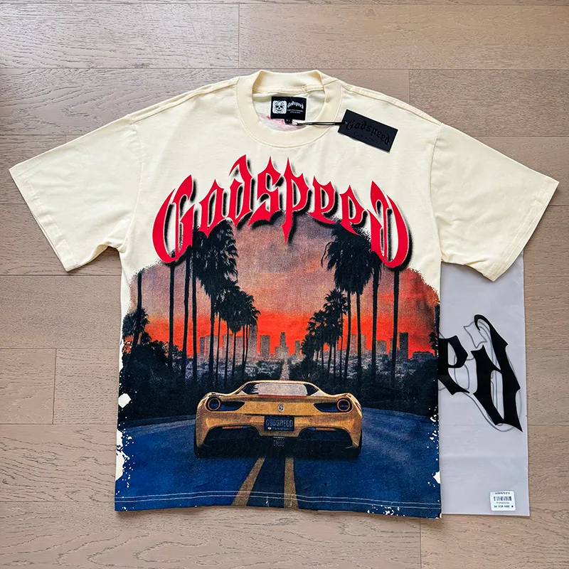 3129# P106 Real shot Godspeed American fashion rock street retro loose printed cotton short sleeves Fabric: 240g 32 count fine cotton double yarn pure cotton Color: apricot Size: S M L XL