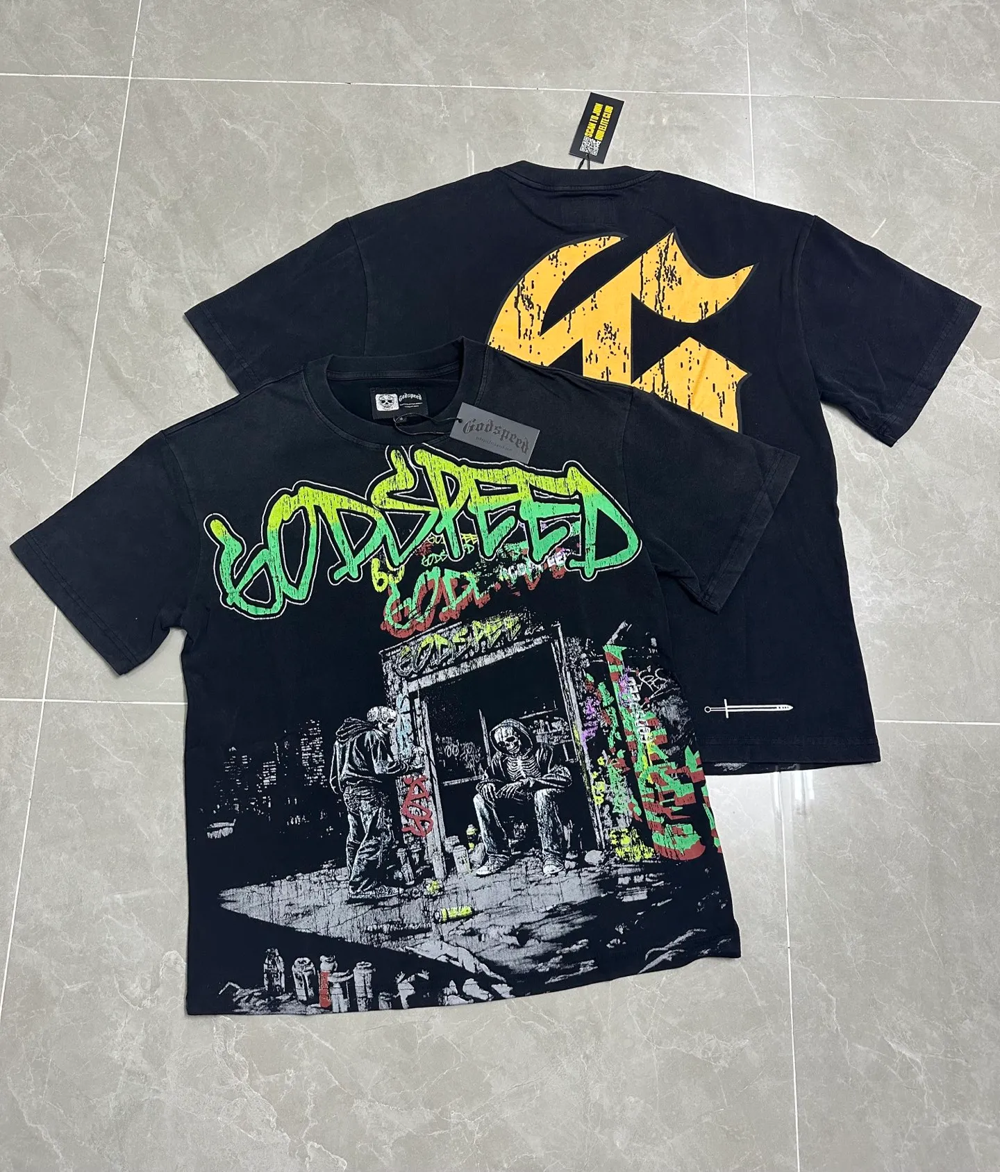 6318#washed black I P116 #Godspeed cross-border American rock and roll street washed retro style short-sleeved T (craft printing) fabric (fabric): 32 count combed double yarn 250g weight code number (size): S-M-L-XL color (colour): washed black