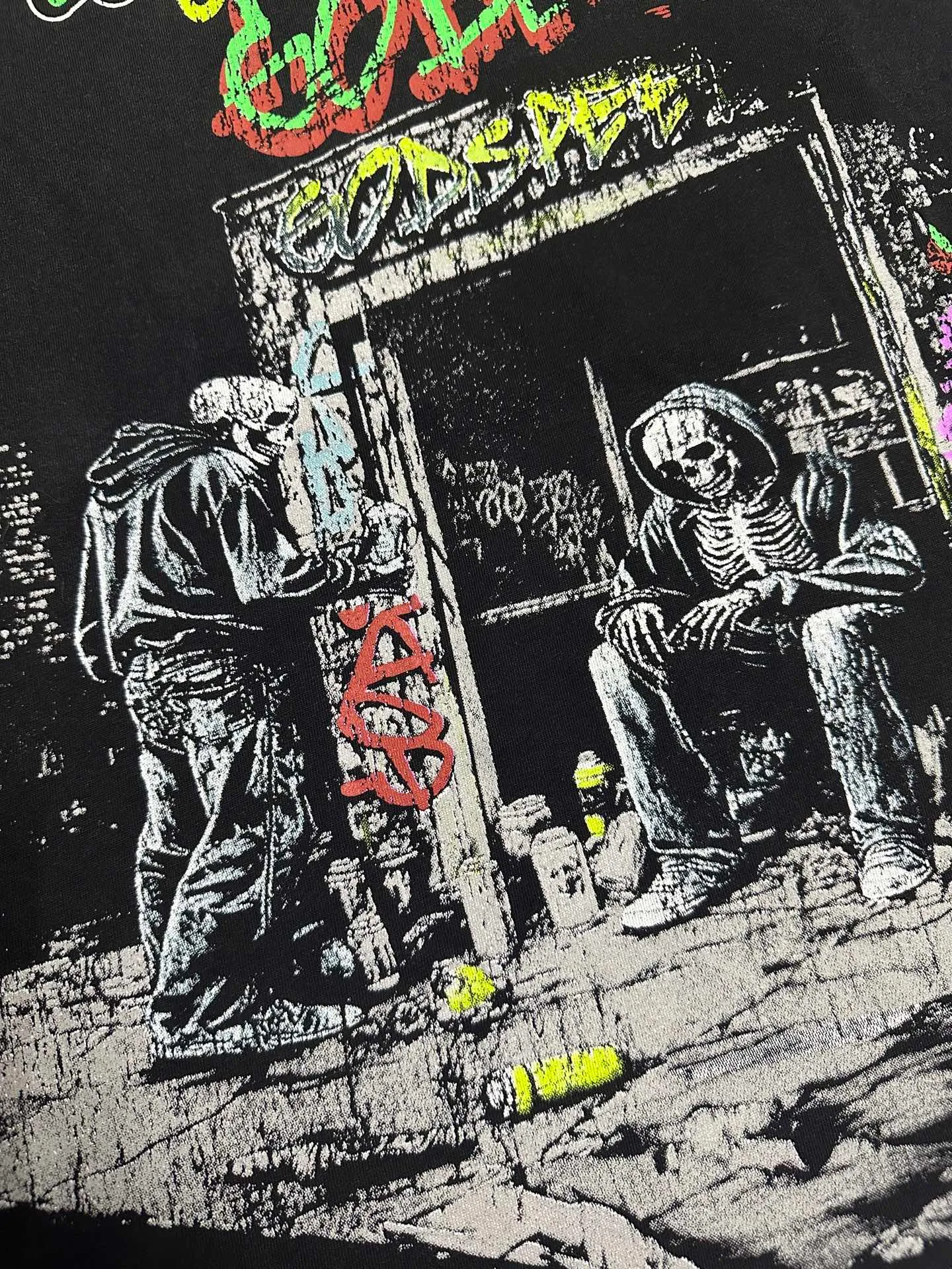 6318#washed black I P116 #Godspeed cross-border American rock and roll street washed retro style short-sleeved T (craft printing) fabric (fabric): 32 count combed double yarn 250g weight code number (size): S-M-L-XL color (colour): washed black