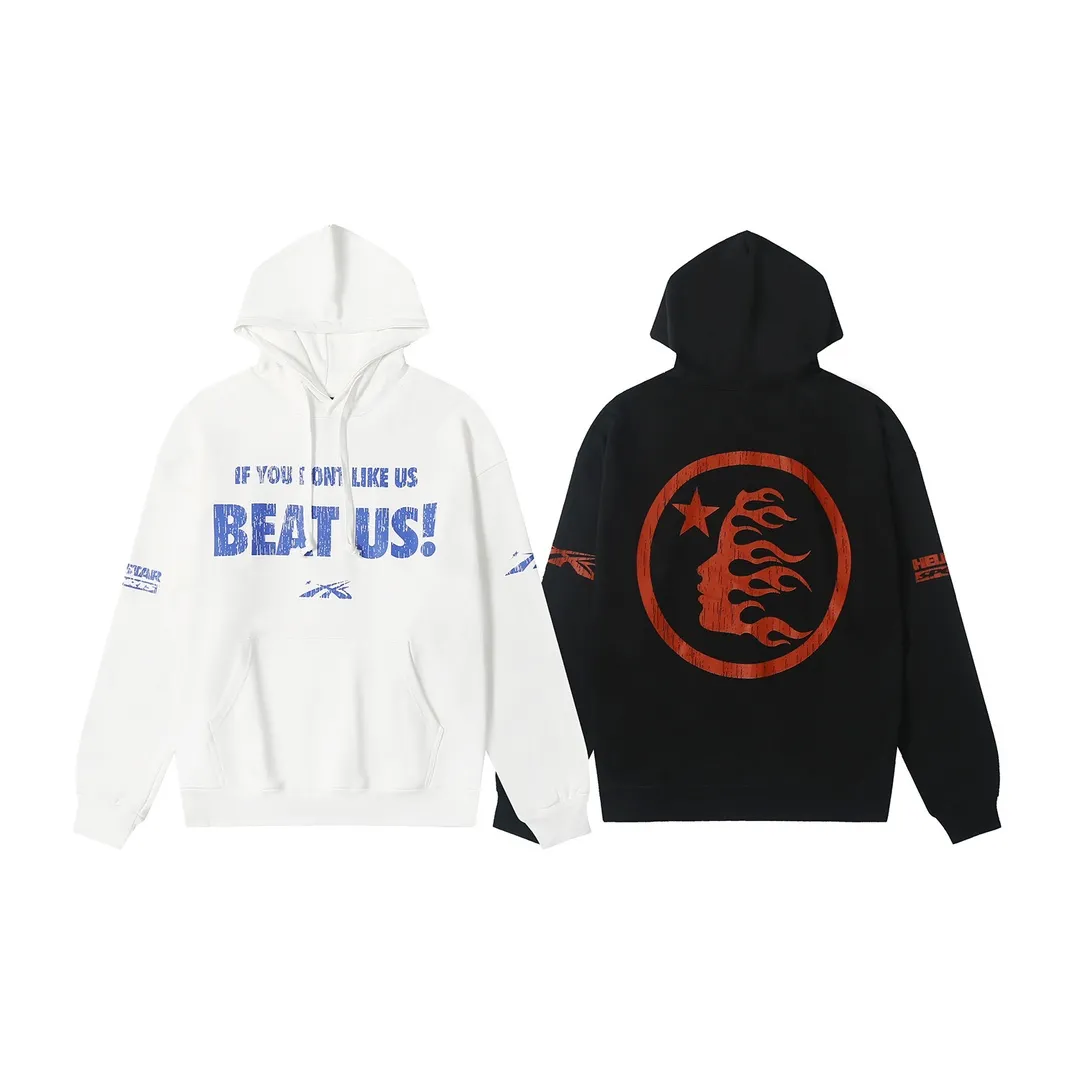 9901# P196 Ins American hip-hop trendy brand hell star letter printed high street men and women loose hooded pullover sweatshirt Color: White Black Size: S M L XL