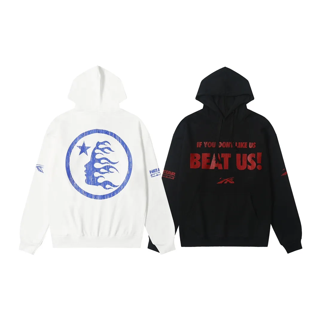 9901# P196 Ins American hip-hop trendy brand hell star letter printed high street men and women loose hooded pullover sweatshirt Color: White Black Size: S M L XL