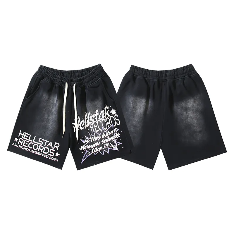P160 790# washed black Real shot Hellstar Hellstar washed and splashed ink distressed casual shorts Fabric 380g pure cotton terry cloth Color: washed black Size: S M L XL