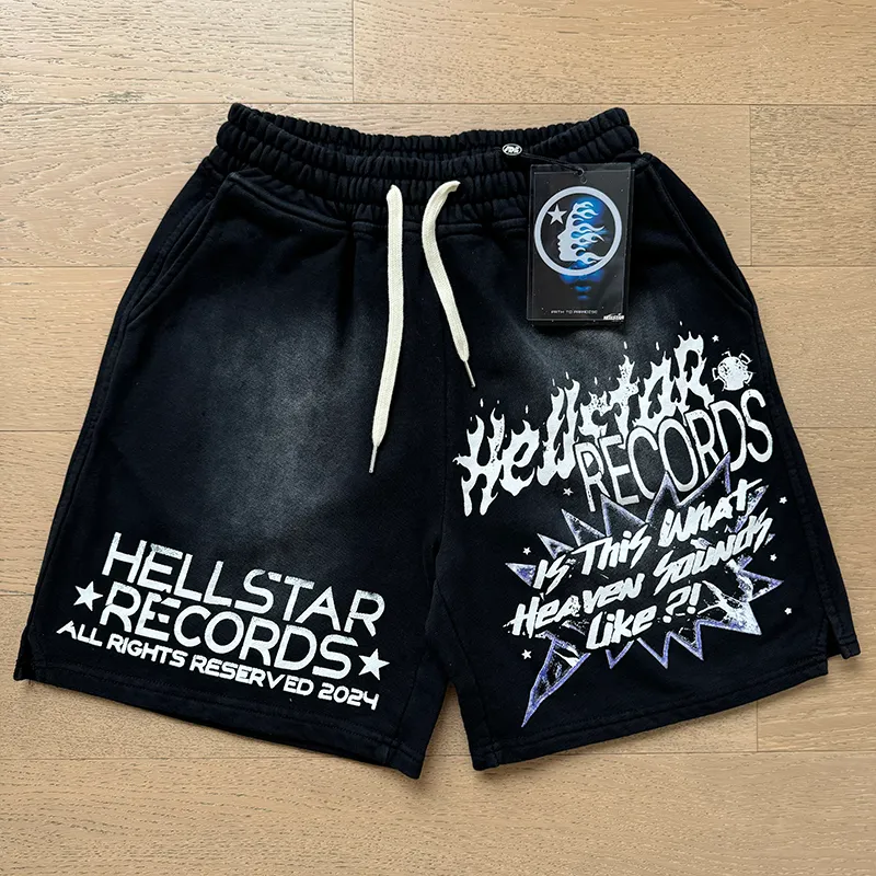 P160 790# washed black Real shot Hellstar Hellstar washed and splashed ink distressed casual shorts Fabric 380g pure cotton terry cloth Color: washed black Size: S M L XL