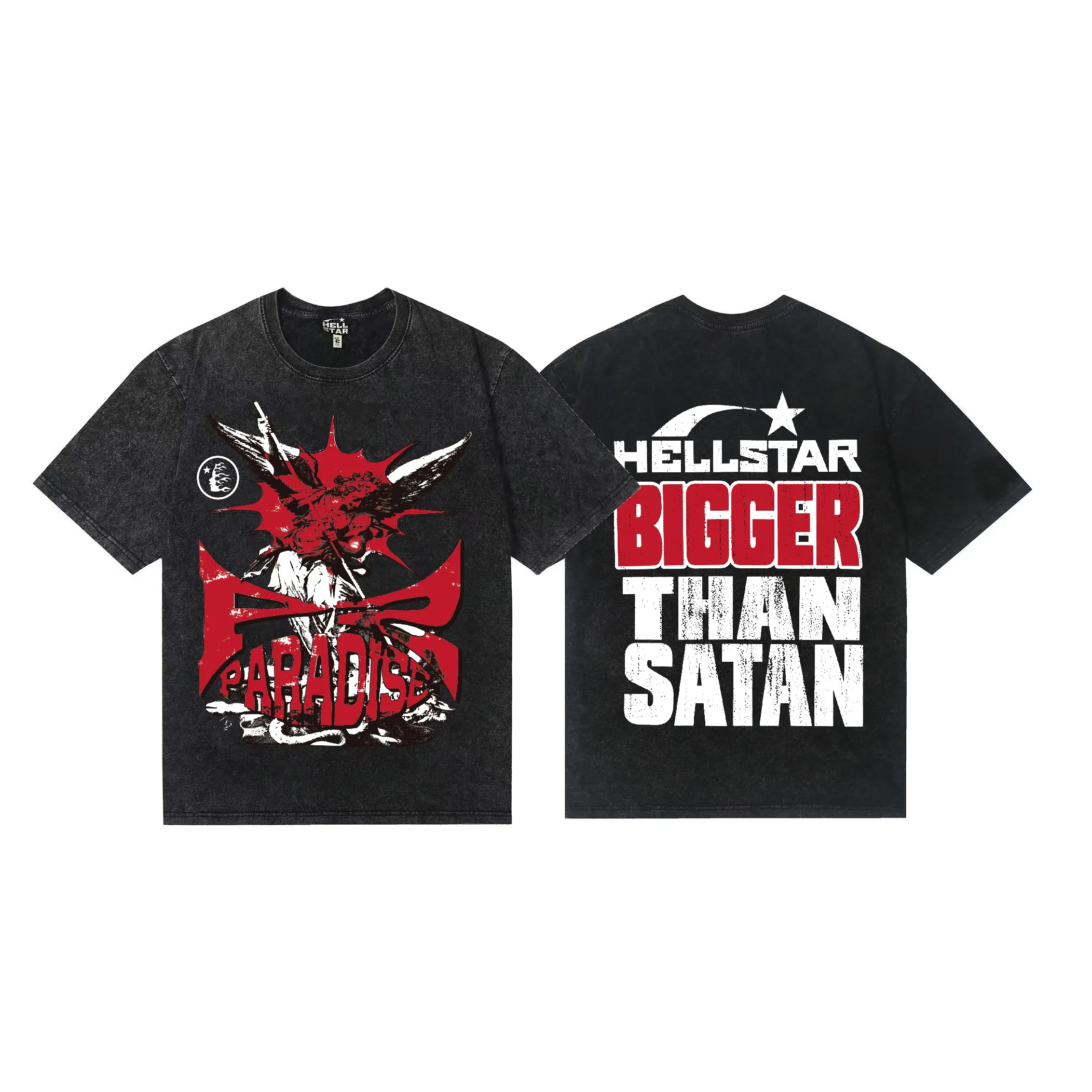 7742# P124 Washed Hellstar Hellstar ins same style retro printed tops for men and women, casual and trendy pure cotton washed short-sleeved T-shirt Color: Black Size: S M L XL