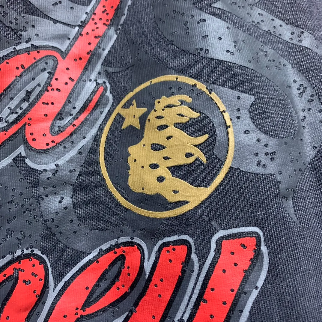 P134 Custom Cut and sew garment in Los Angeles. Dyed and potassium sprayed with jumbo screen print. Fits slightly oversized. Gentle wash tumble dry. Dry clean preferred Newly popular Hellstar short-sleeved T-shirt!   Standard beauty and trendy workmanship, original customization (fabric, pattern, printing, hang tag, main mark, etc.), exaggerated style, explosive style, dare to break through tradition, bring adventurous new fashion experience!  YoungBoy, the most popular rapper in the youth circle, has shot a lot of models for him, and celebrities such as Dababy and Swae Lee frequently get dressed!  color: Vintage Black (washed black)