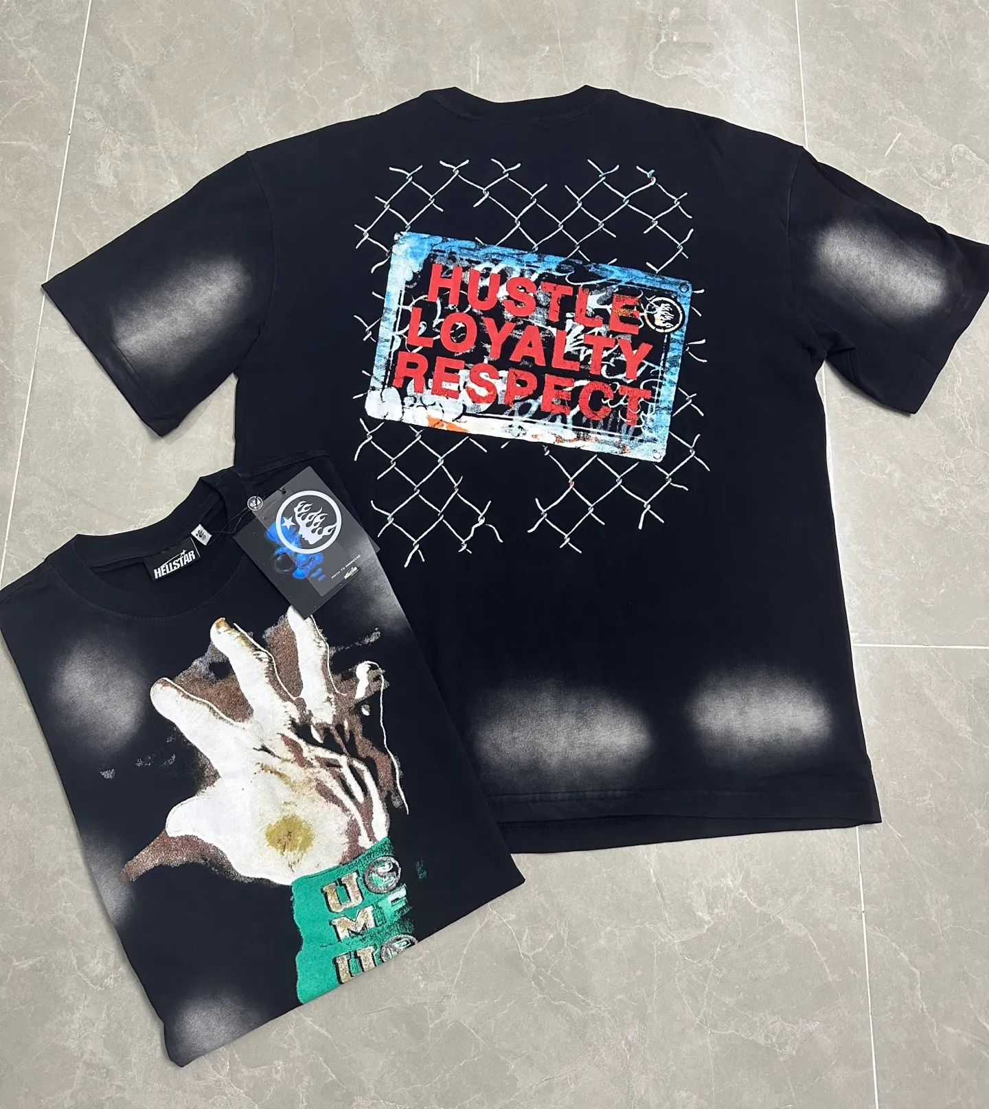 P126 Hellstar Cross-border European and American style street fashion brand pure cotton T-shirt Fabric (fabric): 32 counts of 250g washed combed double yarn pure cotton Size (size): S-M- L- X L Color (colour): Washed black (spray Ma Liu)