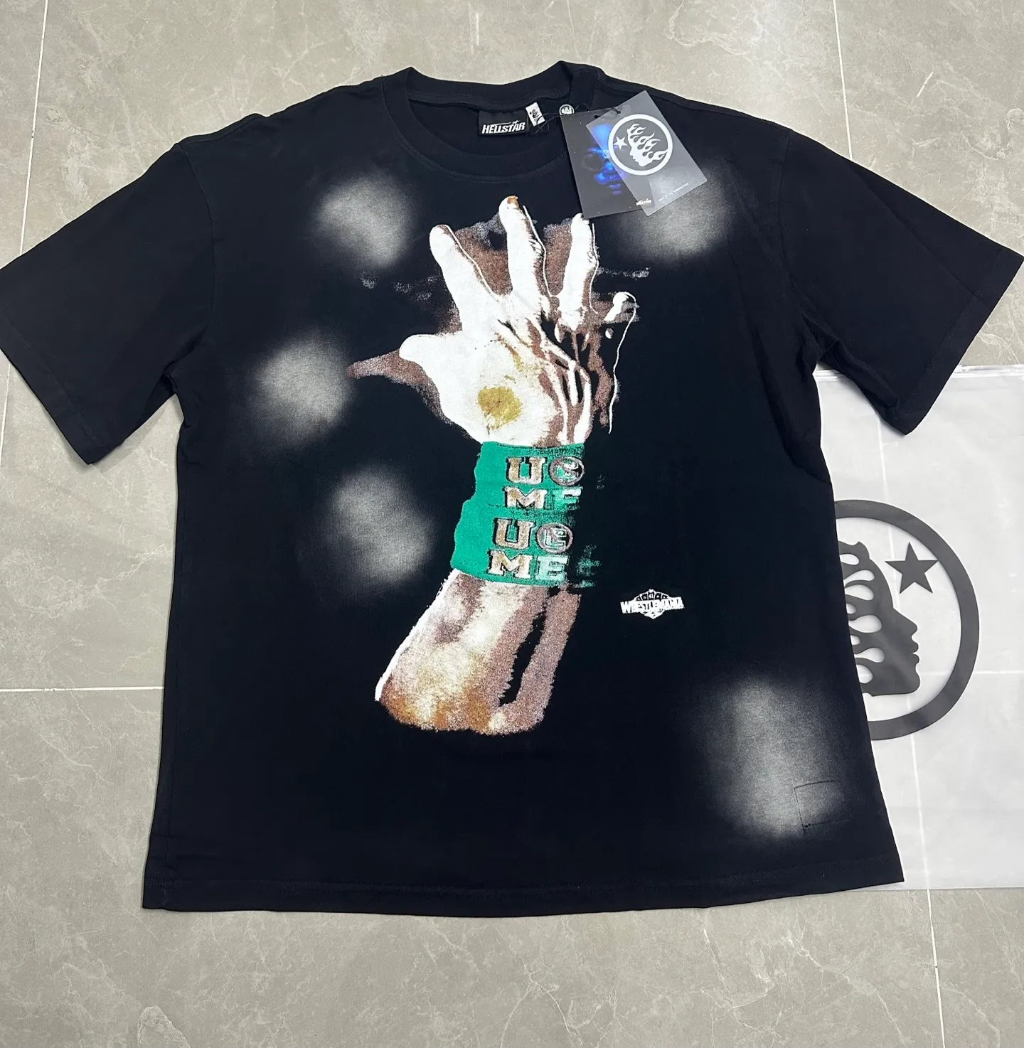 P126 Hellstar Cross-border European and American style street fashion brand pure cotton T-shirt Fabric (fabric): 32 counts of 250g washed combed double yarn pure cotton Size (size): S-M- L- X L Color (colour): Washed black (spray Ma Liu)