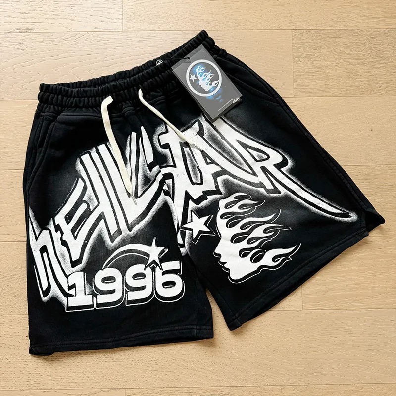 P160 791#washed black Real shot of Hellstar washed and ink-splashed casual shorts Fabric 380g pure cotton terry cloth Color: washed black Size: S M L XL