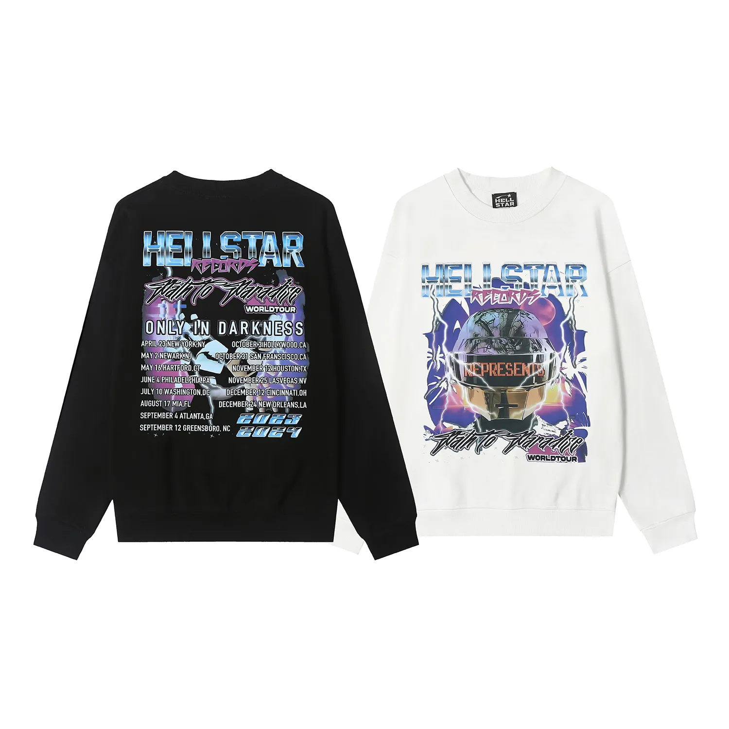 8829# P160 Hellstar high-quality Hellstar American trendy printed cotton terry crew neck sweatshirt Color: White Black Size: S M L XL