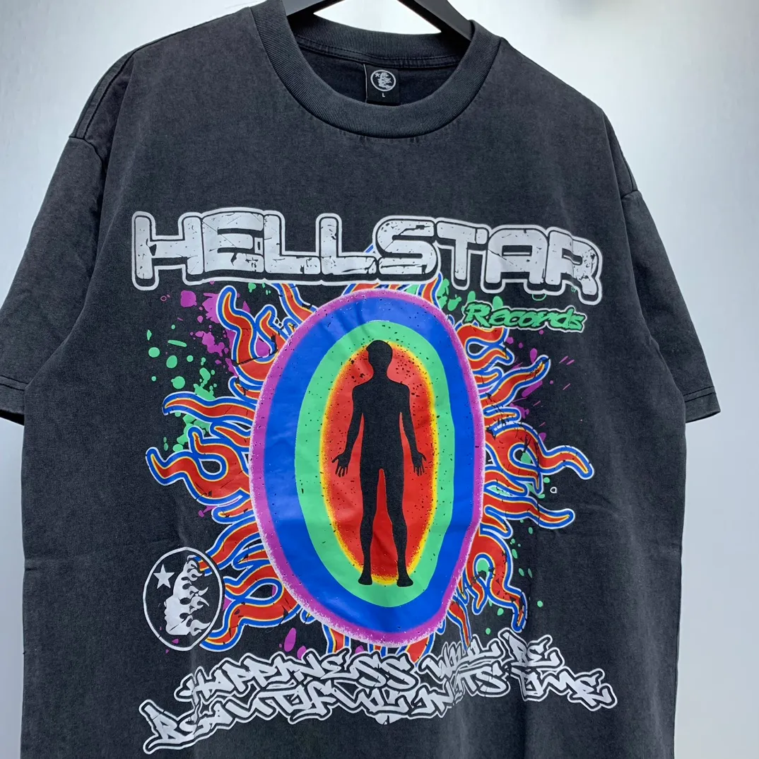 P134 Custom Cut and sew garment in Los Angeles. Dyed and potassium sprayed with jumbo screen print. Fits slightly oversized. Gentle wash tumble dry. Dry clean preferred Newly popular Hellstar short-sleeved T-shirt!   Standard beauty and trendy workmanship, original customization (fabric, pattern, printing, hang tag, main mark, etc.), exaggerated style, explosive style, dare to break through tradition, bring adventurous new fashion experience!  YoungBoy, the most popular rapper in the youth circle, has shot a lot of models for him, and celebrities such as Dababy and Swae Lee frequently get dressed!  color: Vintage Black (washed black)