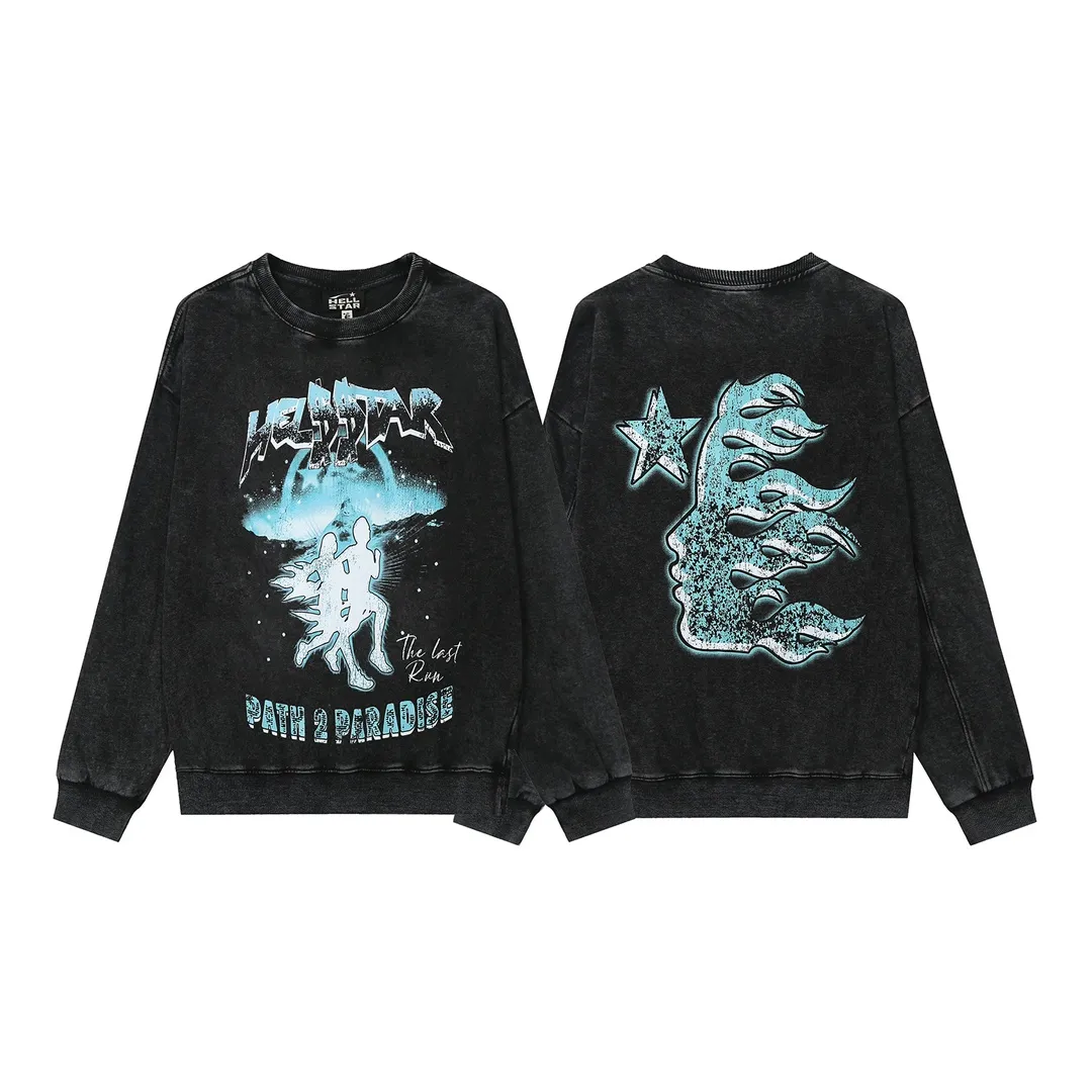 2205# P176 Washed European and American trendy brand Hellstar Washed and distressed American men and women couples casual loose round neck pocketless pullover sweatshirt Color: Black Size: S M L XL