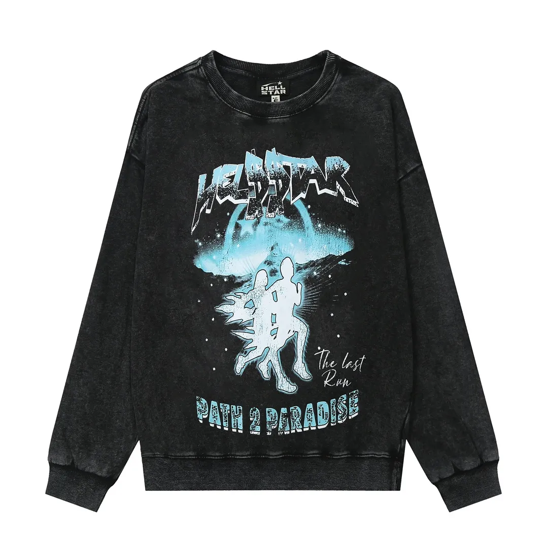 2205# P176 Washed European and American trendy brand Hellstar Washed and distressed American men and women couples casual loose round neck pocketless pullover sweatshirt Color: Black Size: S M L XL
