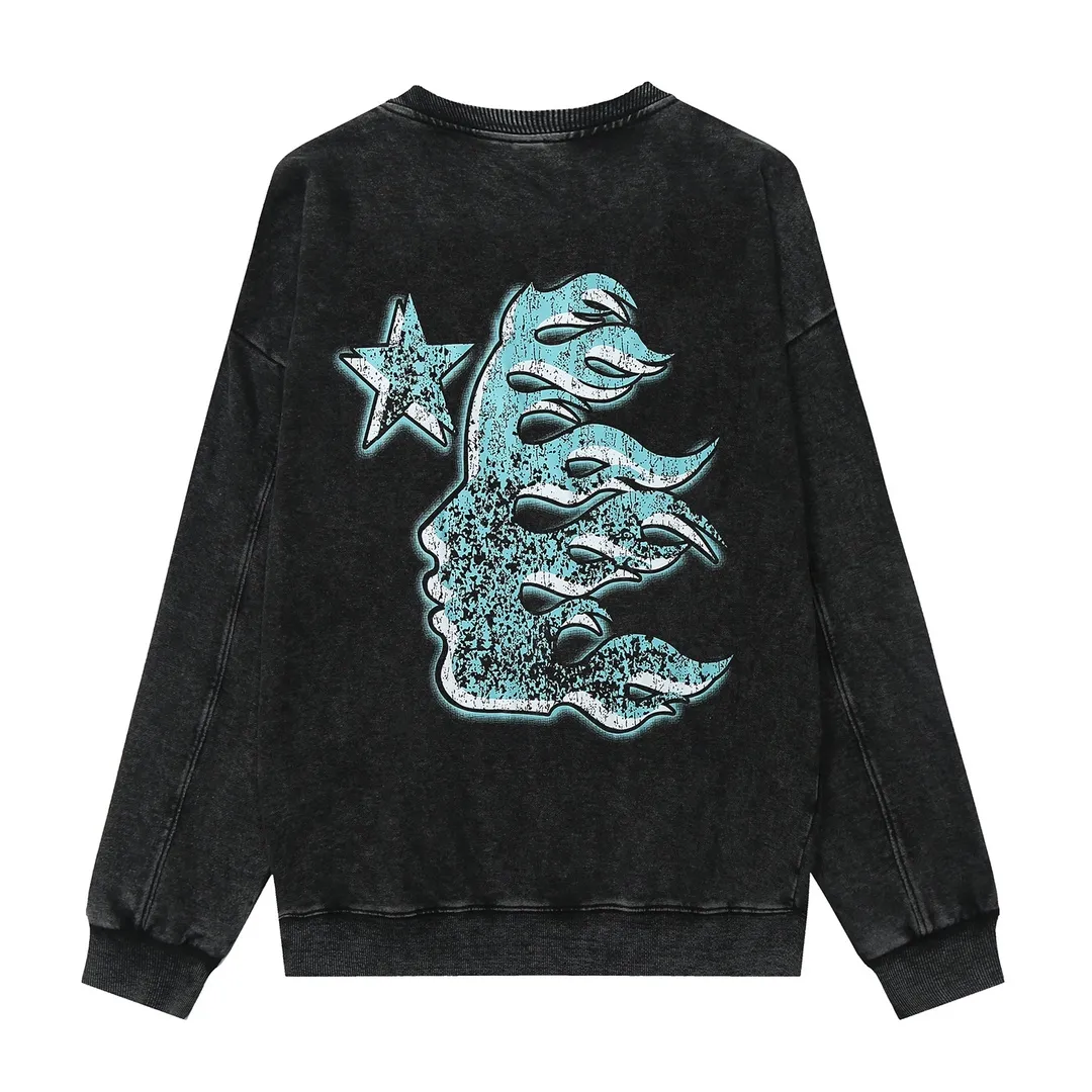 2205# P176 Washed European and American trendy brand Hellstar Washed and distressed American men and women couples casual loose round neck pocketless pullover sweatshirt Color: Black Size: S M L XL
