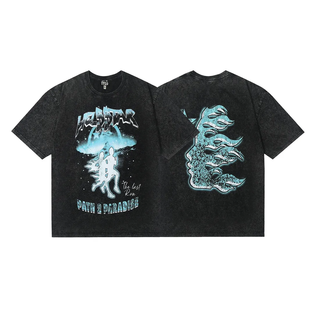 7707# P124 Washed Hellstar Hellstar ins same style retro printed tops for men and women, casual and trendy pure cotton washed short-sleeved T-shirt Color: Black Size: S M L XL
