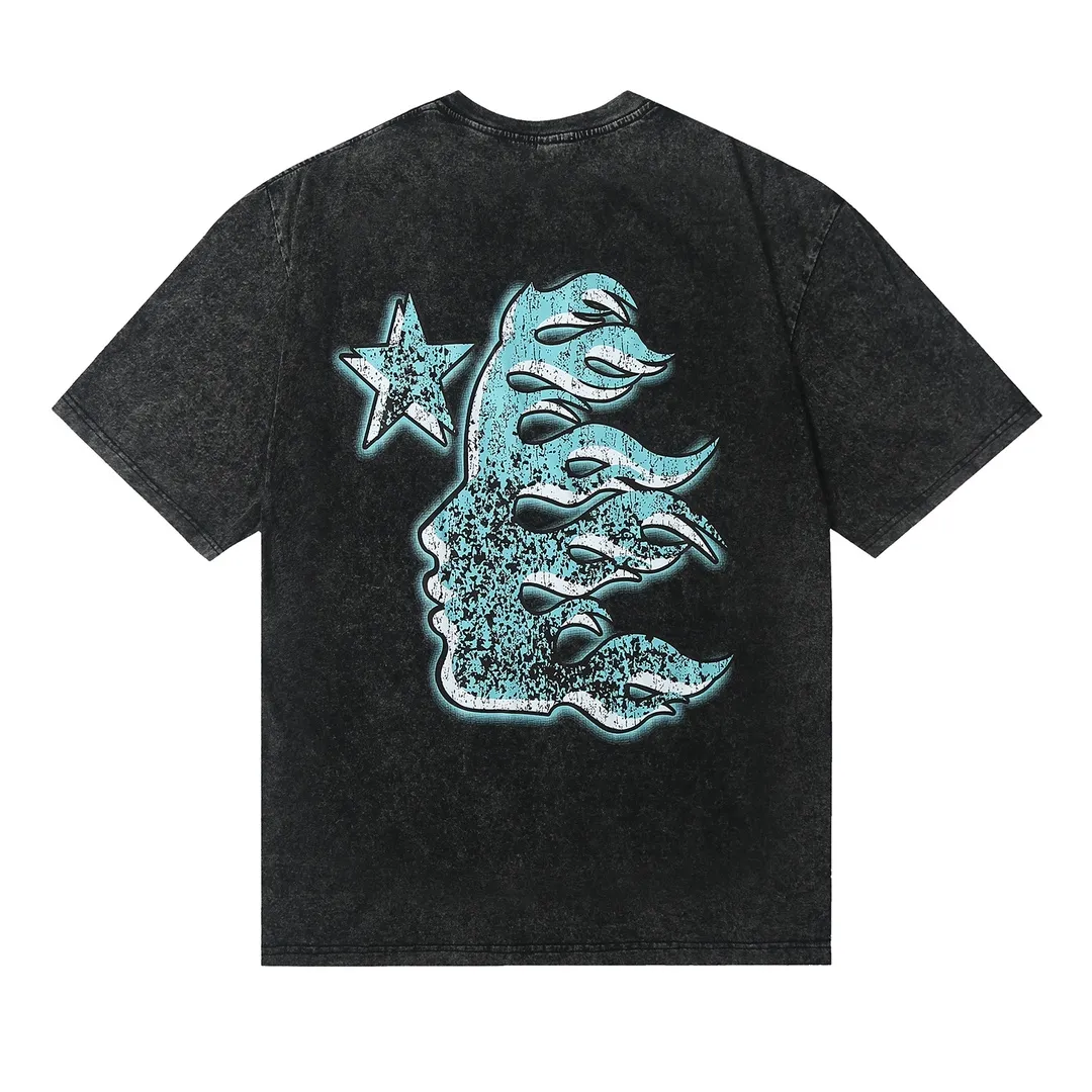 7707# P124 Washed Hellstar Hellstar ins same style retro printed tops for men and women, casual and trendy pure cotton washed short-sleeved T-shirt Color: Black Size: S M L XL