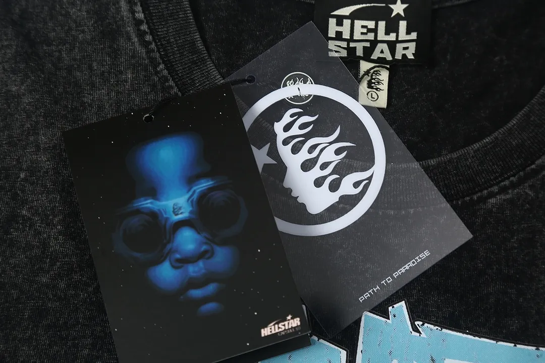 7707# P124 Washed Hellstar Hellstar ins same style retro printed tops for men and women, casual and trendy pure cotton washed short-sleeved T-shirt Color: Black Size: S M L XL