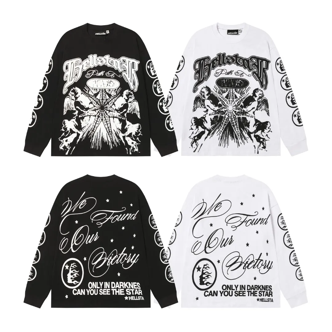 P140 Real-stock Hellstar Cross-border European and American style/street fashion brand pure cotton long-sleeved T-shirt Fabric (fabric): High-density 26-count 270-gram heavy combed double yarn pure cotton Size (size): S-M- L- X L Color (colour): Active black/ivory white 👉