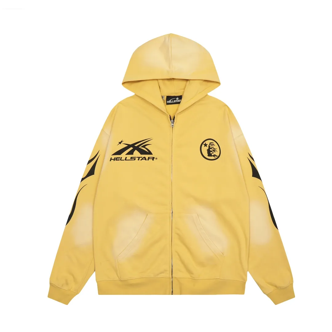 P240 Hellstar Sports Zip Up Hooded Sweatshirt Yellow washed distressed terry sweatshirt cardigan jacket color (color): yellow Size (size): S, M, L, XL